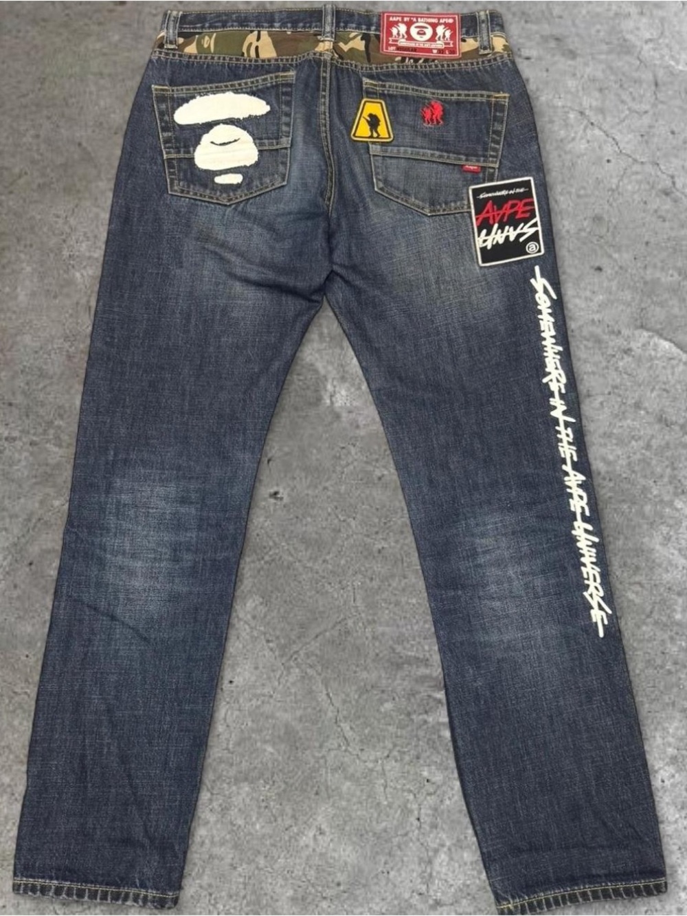 BAPE AAPE Custom Patch Jeans Dark Blue Ape Skull Camo Embroidered Men’s 32x30